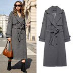 Women's long double-breasted wool coat with belted waist and shoulder flaps Fashion Glam