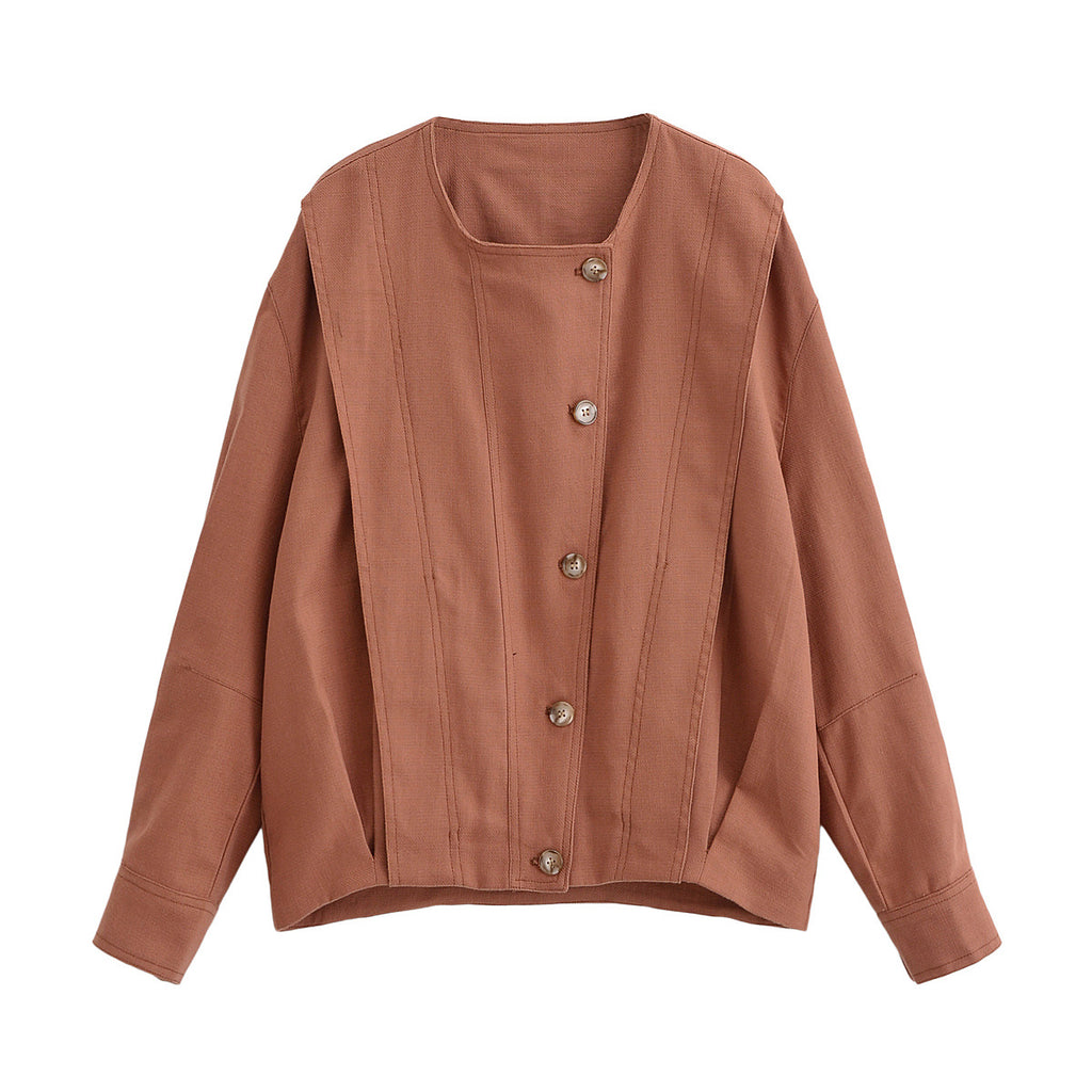 Women's Boxy Transitional Jacket with Round Neck, Decorative Stitching and Visible Button Placket Fashion Glam