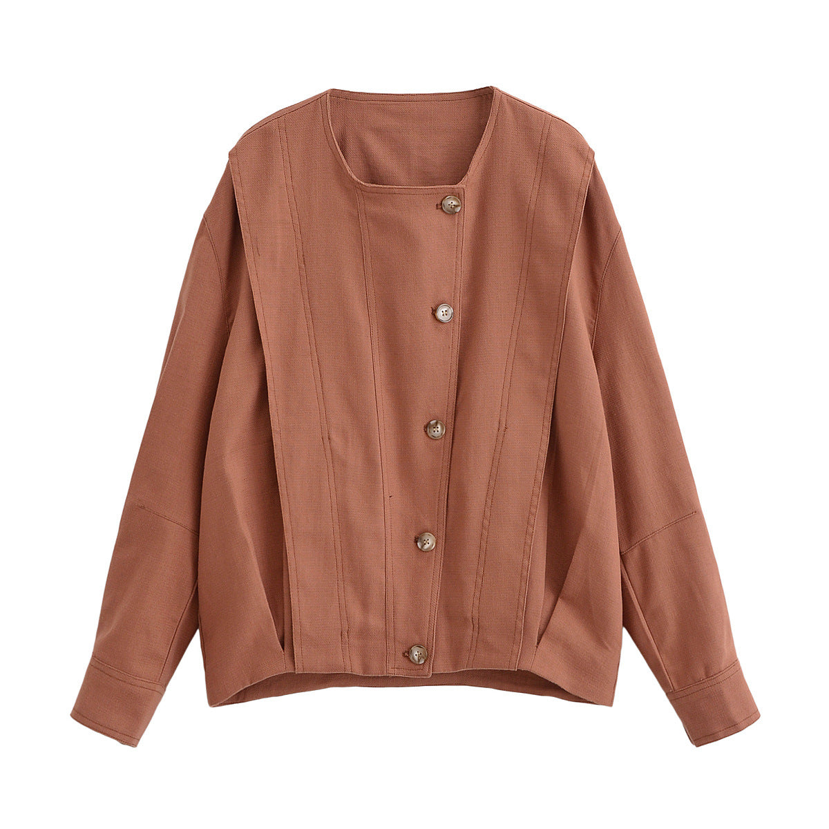 Women's Boxy Transitional Jacket with Round Neck, Decorative Stitching and Visible Button Placket Fashion Glam