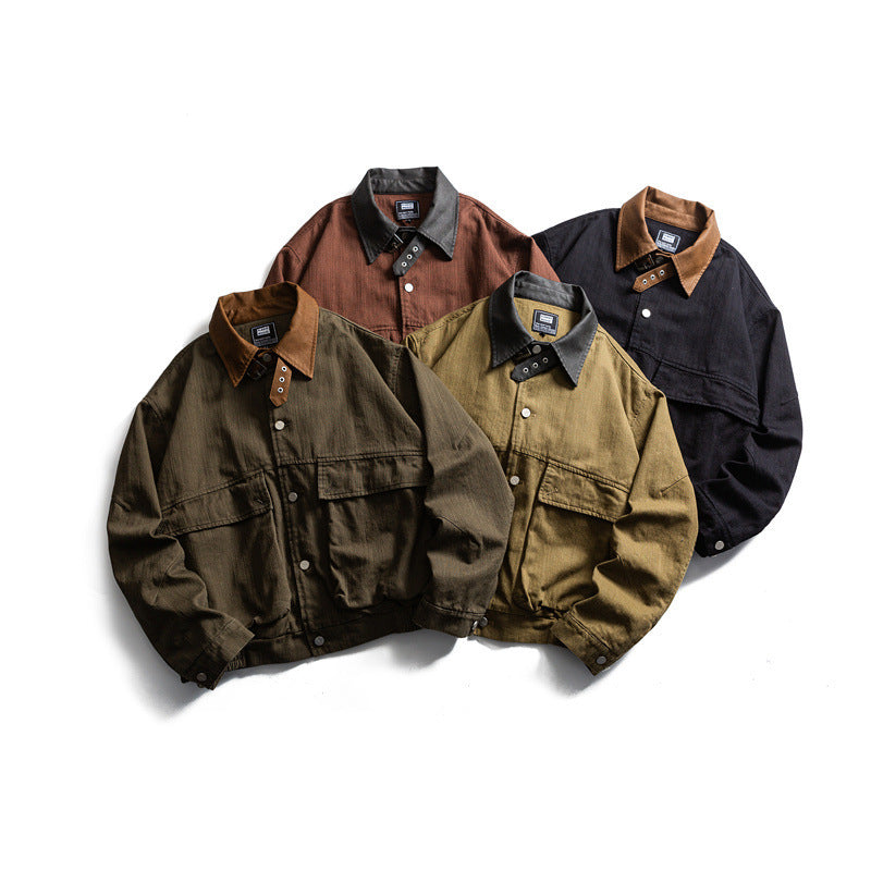 Men's Boxy Worker Canvas Jacket with Cord Collar, Snap Placket and Placed Flap Pockets Fashion Glam
