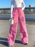 Women High-Waisted Wide Denim Palazzo Pants with Eye-Catching Ripped Inserts Fashion Glam
