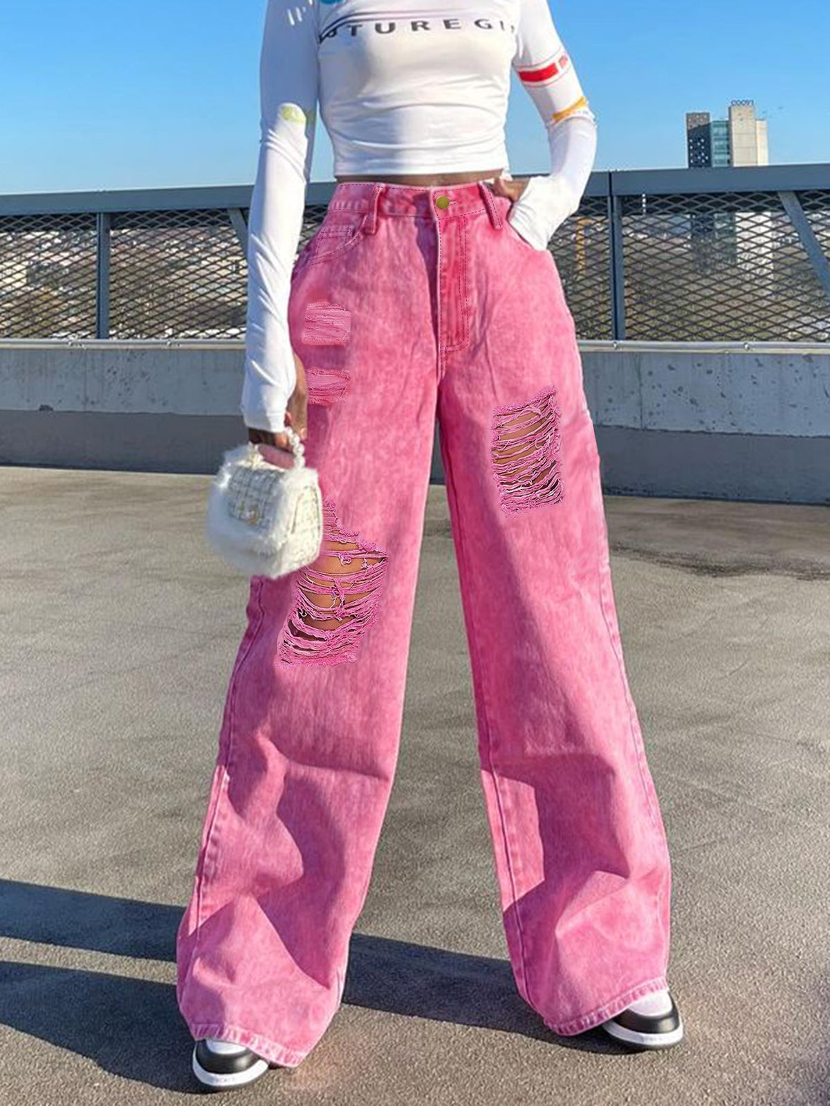 Women High-Waisted Wide Denim Palazzo Pants with Eye-Catching Ripped Inserts Fashion Glam