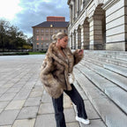 Women's short-cut voluminous faux fur jacket with oversized shawl collar Fashion Glam
