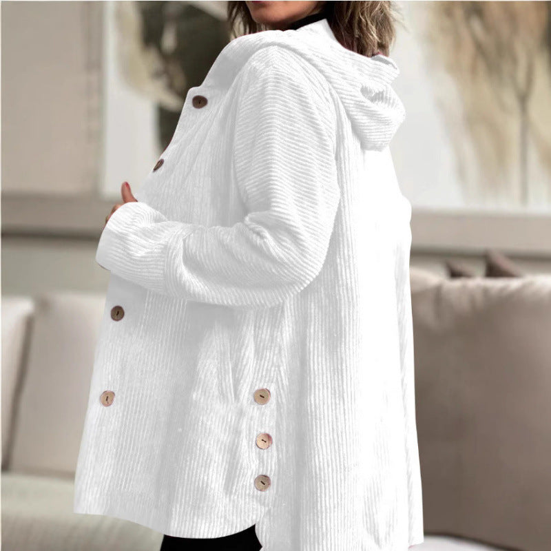 Women's Long Hooded Knitted Cardigan with Ribbed Texture, Button Placket and Side Pockets Fashion Glam