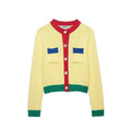 Women Short Chunky Knit Cardigan with Contrast Trims and Decorative Flap Pockets Fashion Glam