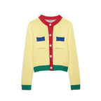 Women Short Chunky Knit Cardigan with Contrast Trims and Decorative Flap Pockets Fashion Glam