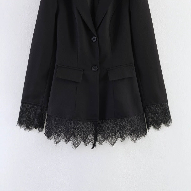 Women tailored blazer with lace trim and flared hem Fashion Glam