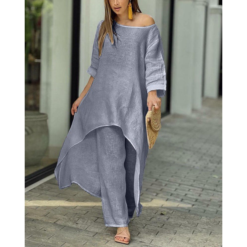 Women Lightweight Linen Two-Piece with Asymmetrical High-Low Tunic and Wide Palazzo Pants Fashion Glam
