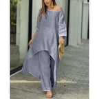 Women Lightweight Linen Two-Piece with Asymmetrical High-Low Tunic and Wide Palazzo Pants Fashion Glam