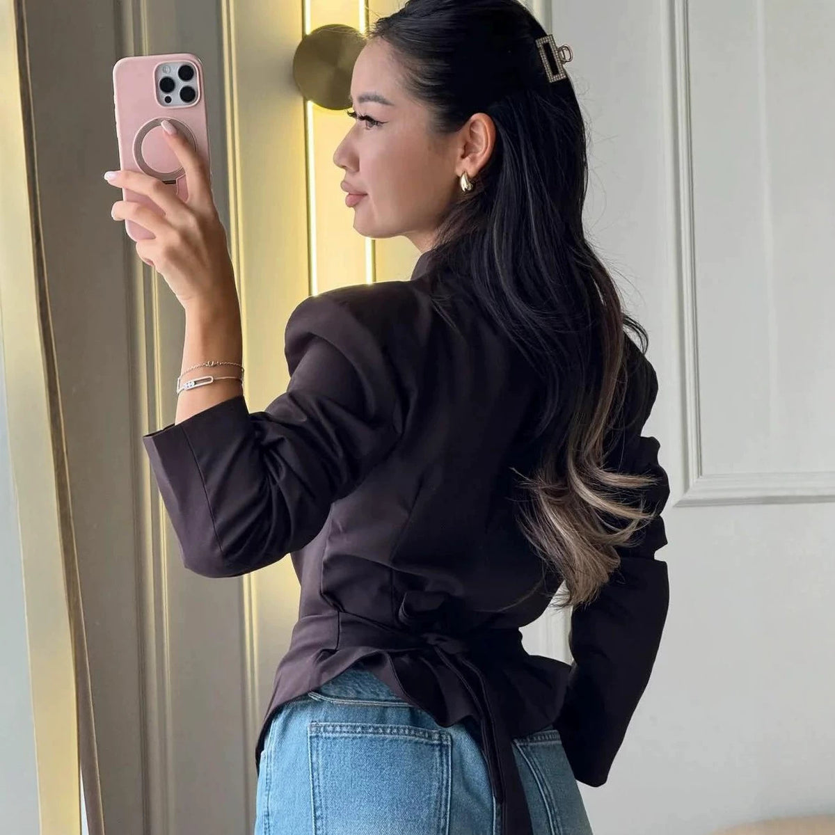 Women Tailored Blazer with Deep V-Neck, Structured Shoulder and Pointed Peplum Fashion Glam