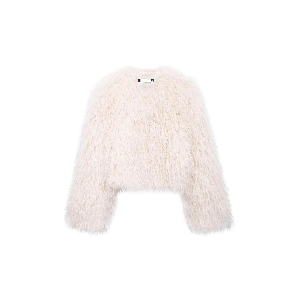 Women's Short-Cropped Bolero Jacket made of Long-Fiber Synthetic Fur with Shaggy Texture Fashion Glam