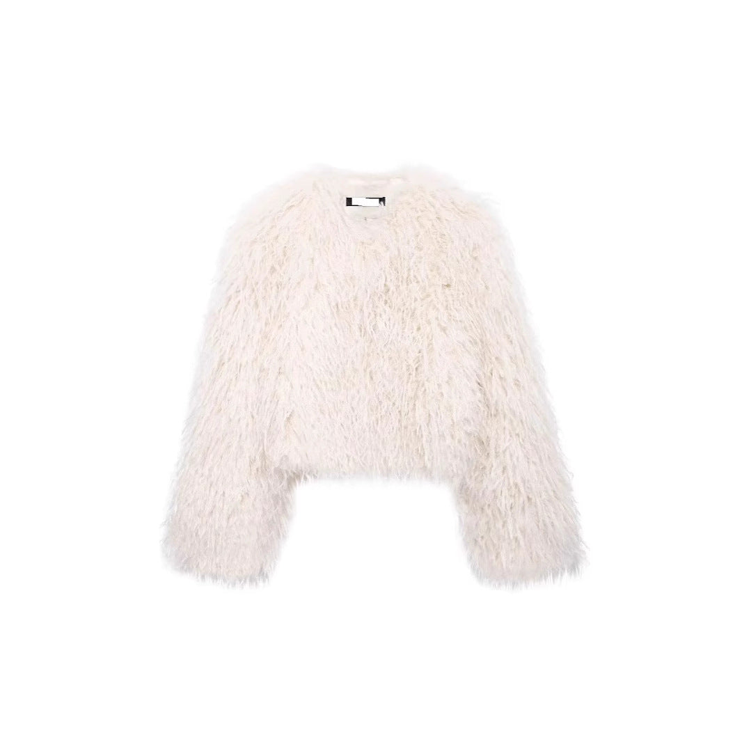 Women's Short-Cropped Bolero Jacket made of Long-Fiber Synthetic Fur with Shaggy Texture Fashion Glam