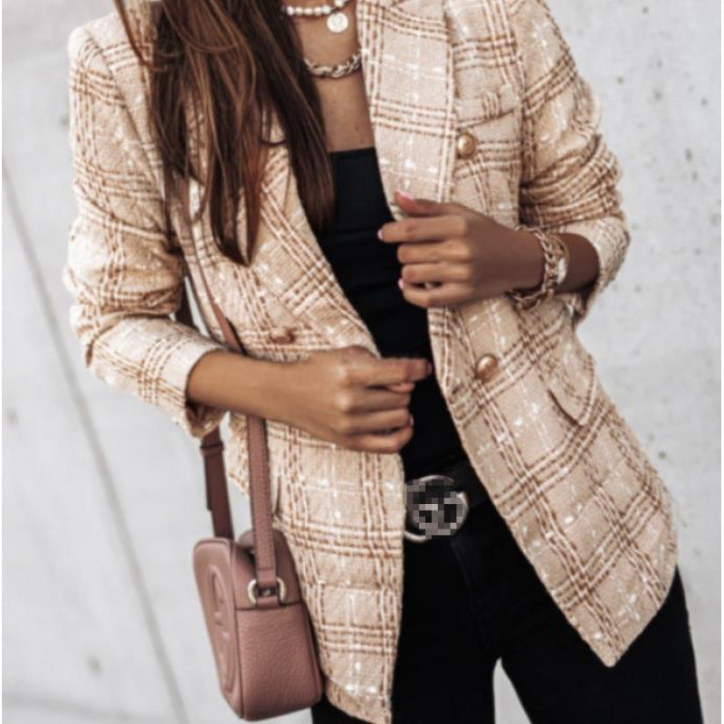 Ladies Tweed Blazer in Glencheck with double row button placket Fashion Glam