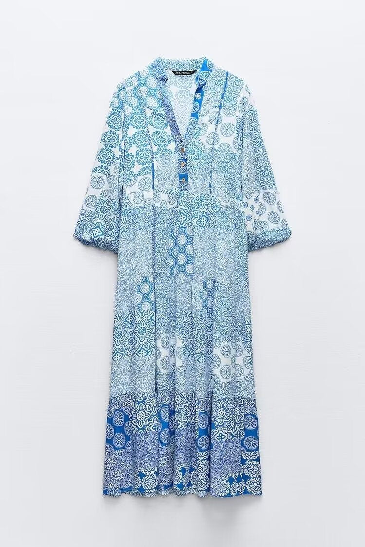 Women's maxi dress in patchwork print with V-neck, tiered skirt, and 3/4 sleeves Fashion Glam
