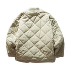 Unisex Lightweight Boxy Puffer Jacket with distinctive diamond quilting, front round pockets, and ribbed collar Fashion Glam