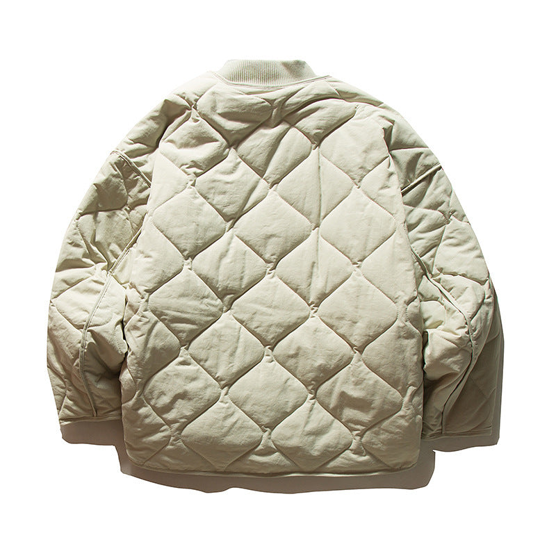 Unisex Lightweight Boxy Puffer Jacket with distinctive diamond quilting, front round pockets, and ribbed collar Fashion Glam