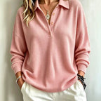 Ladies waffle knit polo with oversized fit, button placket and roll neck look Fashion Glam