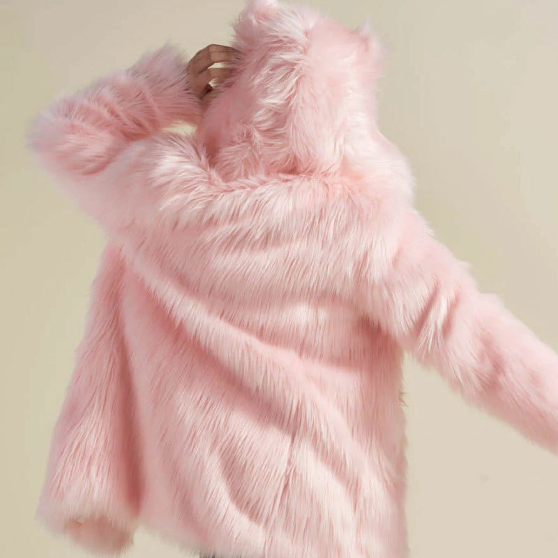 Women's Longer Hooded Faux Fur Coat with Animal Ears and Fluffy High Pile Fashion Glam