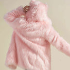 Women's Longer Hooded Faux Fur Coat with Animal Ears and Fluffy High Pile Fashion Glam