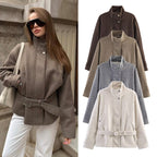 Women's Boxy Wool Jacket with Stand-Up Collar, Concealed Snap Button Placket and D-Ring Waist Belt Fashion Glam