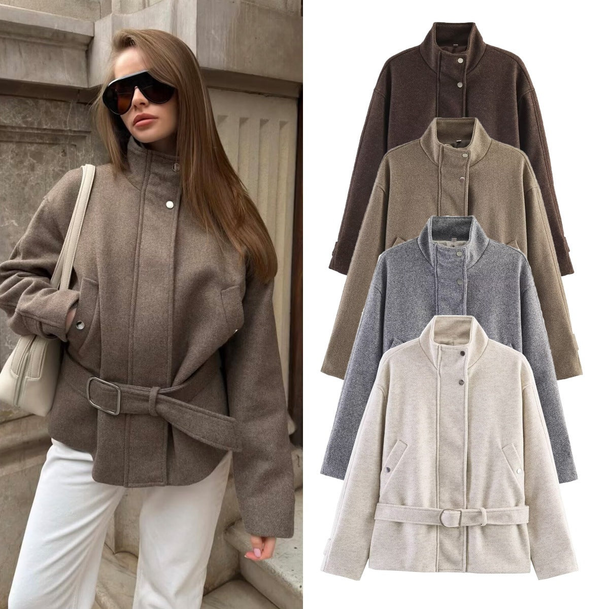 Women's Boxy Wool Jacket with Stand-Up Collar, Concealed Snap Button Placket and D-Ring Waist Belt Fashion Glam