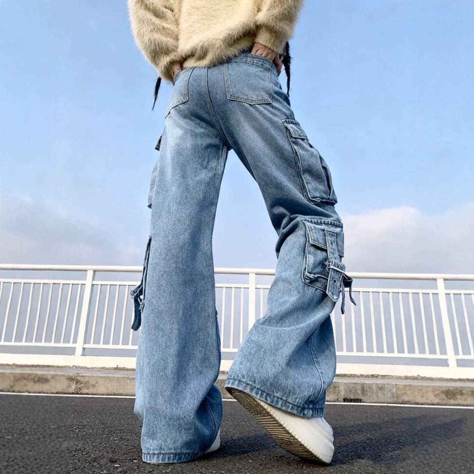 Women's Wide Cargo Jeans with Multiple Patch Pockets and Utility Details Fashion Glam