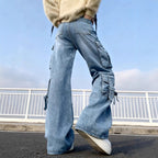Women's Wide Cargo Jeans with Multiple Patch Pockets and Utility Details Fashion Glam