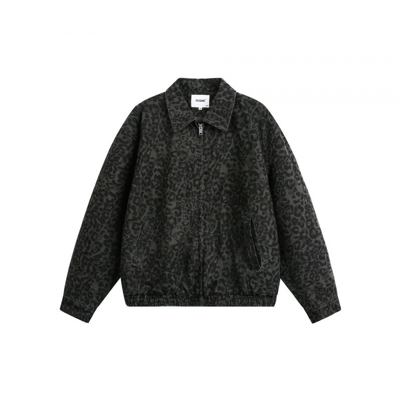 Men's Loose Boxy Jacket with Leopard Print, Full Zip and Elastic Hem Fashion Glam