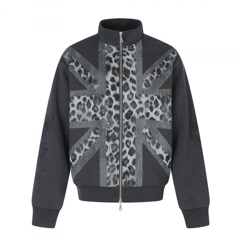 Unisex Short Cut Boxy Jacket with Zipper, High Stand Collar and Leopard Union Jack Print Fashion Glam