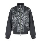 Unisex Short Cut Boxy Jacket with Zipper, High Stand Collar and Leopard Union Jack Print Fashion Glam