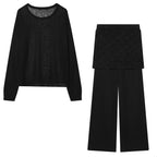 Women's Lightweight Fine Knit Loungewear Set with Round Neck and Wide Palazzo Pants Fashion Glam