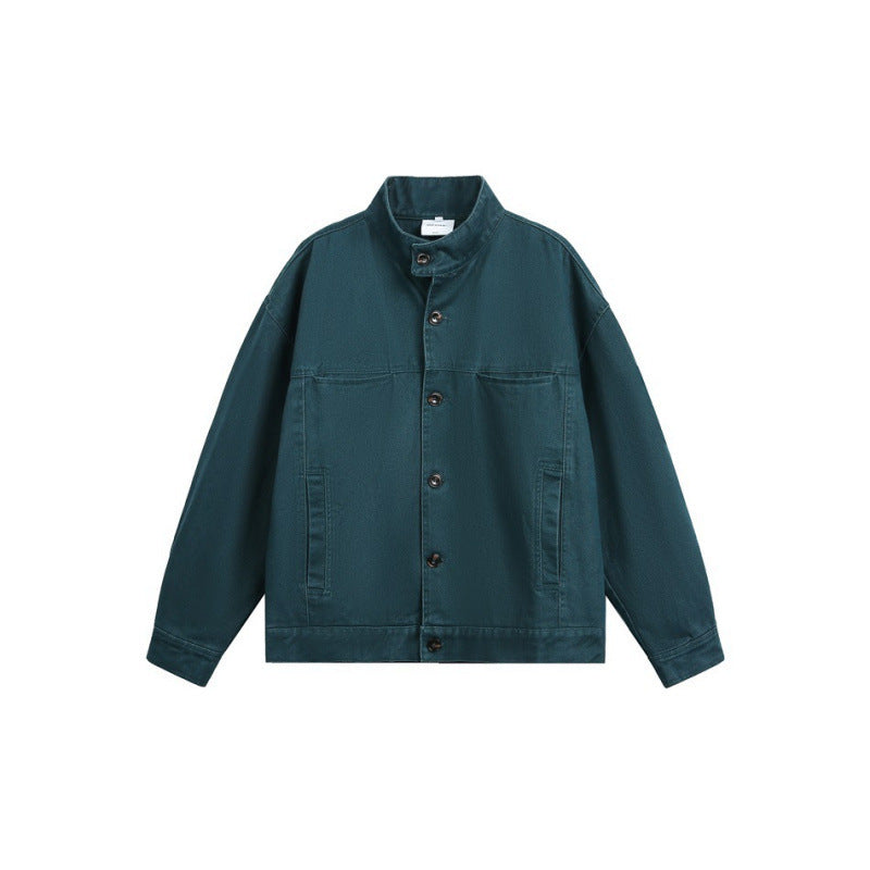 Men's Loose Canvas Overshirt with Stand-Up Collar, Patch Pockets and Distinctive Stitching Details Fashion Glam