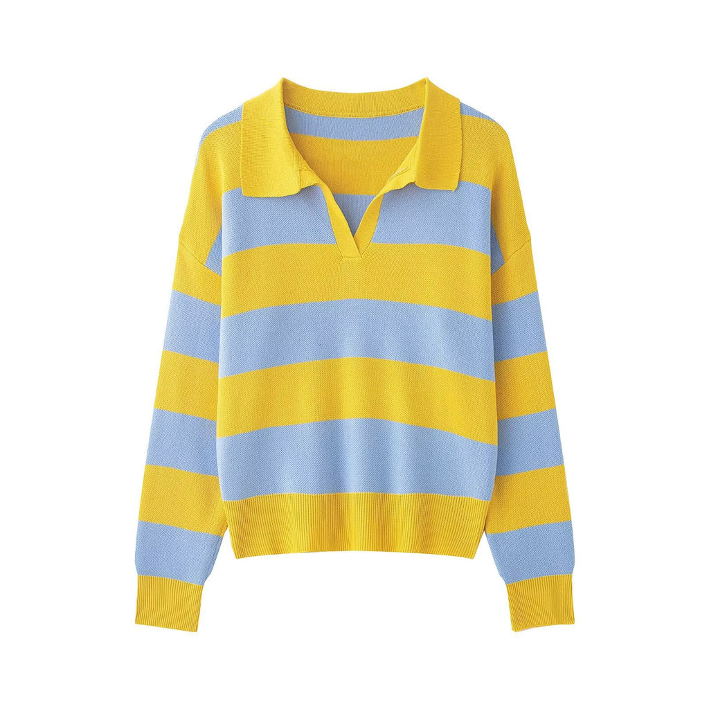 Women Striped Oversize Rugby Sweater with Polo Collar and V-Neck Fashion Glam