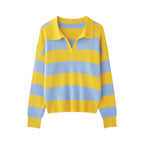 Women Striped Oversize Rugby Sweater with Polo Collar and V-Neck Fashion Glam