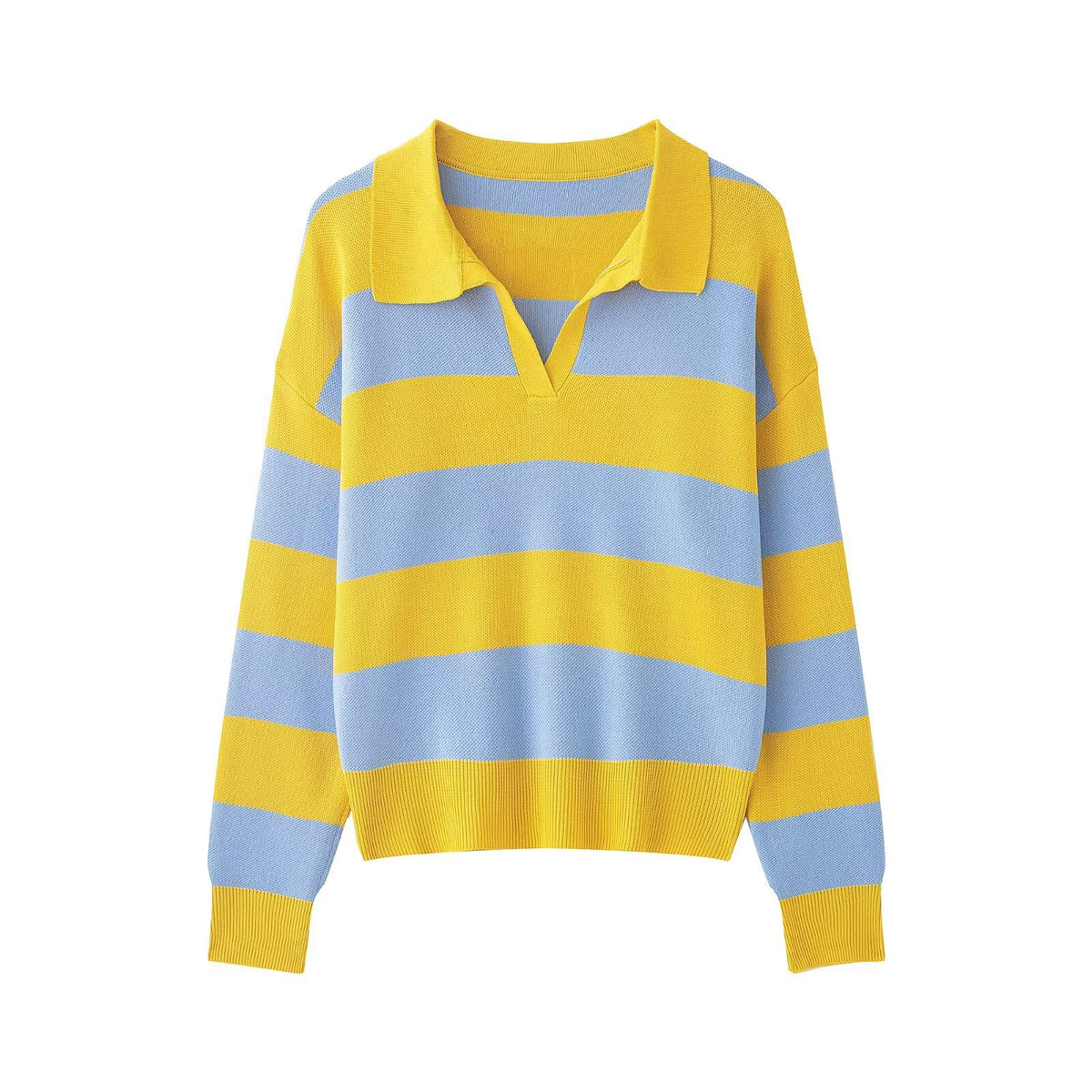 Women Striped Oversize Rugby Sweater with Polo Collar and V-Neck Fashion Glam