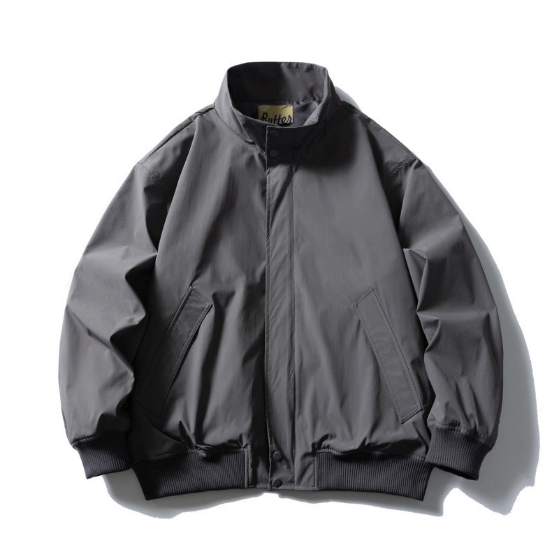 Men's Boxy Bomber Jacket with Stand-Up Collar, Concealed Snap Button Placket, and Elastic Ribbed Cuffs Fashion Glam