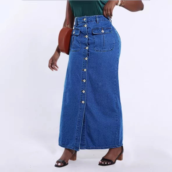 Women's long cut high-waist denim maxi skirt with a continuous button placket and patch pockets Fashion Glam