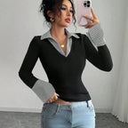 Ladies fine knit sweater with integrated shirt collar and striped cuffs Fashion Glam