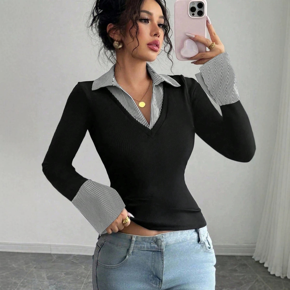 Ladies fine knit sweater with integrated shirt collar and striped cuffs Fashion Glam