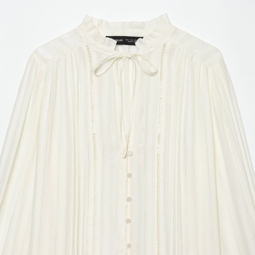 Women's Pleated Chiffon Blouse with Ruffled Collar and Tie Band Fashion Glam