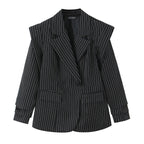 Women Double-breasted Oversized Blazer with Pinstripes and Distinctive Shoulder Pads Fashion Glam