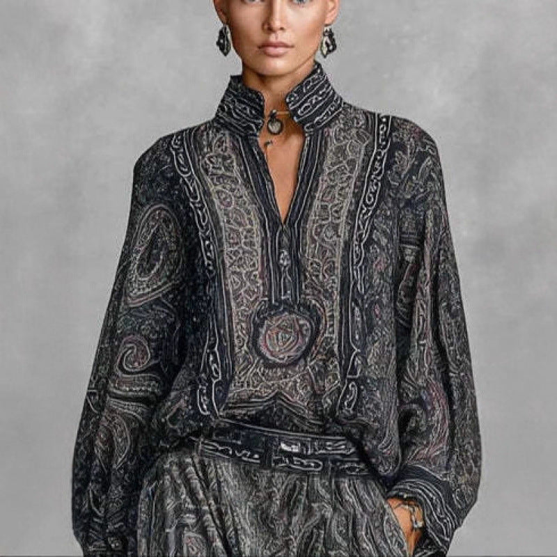 Women Flowing Boho Two-Piece Set with Loose Tunic and Harem Pants in Paisley Design Fashion Glam