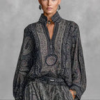 Women Flowing Boho Two-Piece Set with Loose Tunic and Harem Pants in Paisley Design Fashion Glam