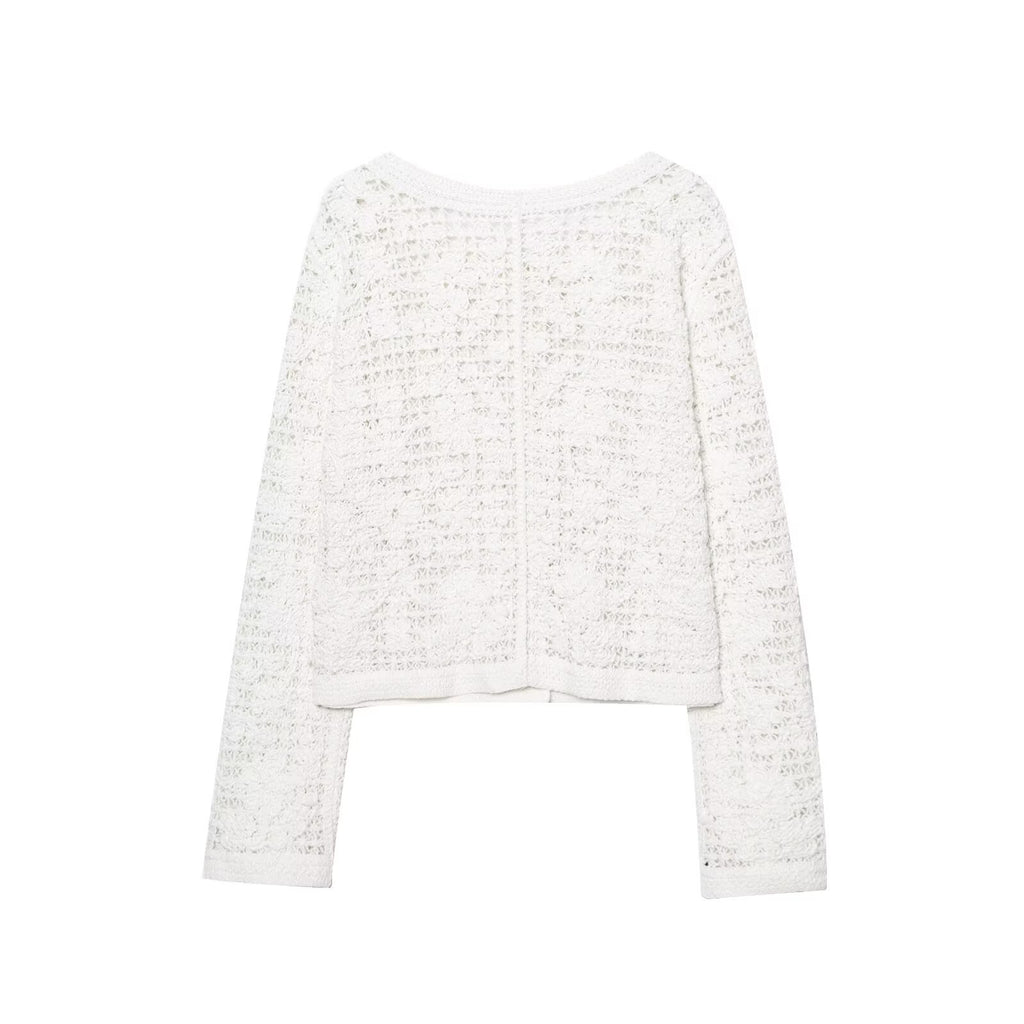 Women's Crocheted Short Jacket in Boucle Look with Decorative Buttons and Patch Pockets Fashion Glam