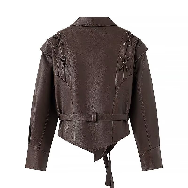 Women's Tailored Leather Jacket with Ties and Emphasized Shoulder Area Fashion Glam