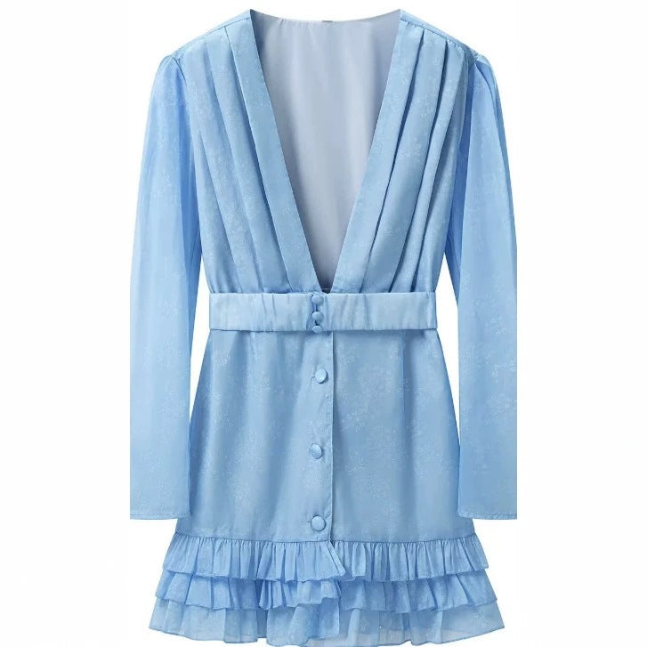 Women's Short Satin Dress with Deep V-Neck, Waist Belt and Layered Ruffles Fashion Glam