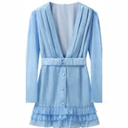 Women's Short Satin Dress with Deep V-Neck, Waist Belt and Layered Ruffles Fashion Glam