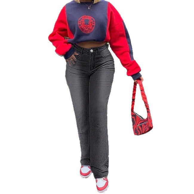Women's high-waisted straight denim pants with shaping waistband and longer leg Fashion Glam