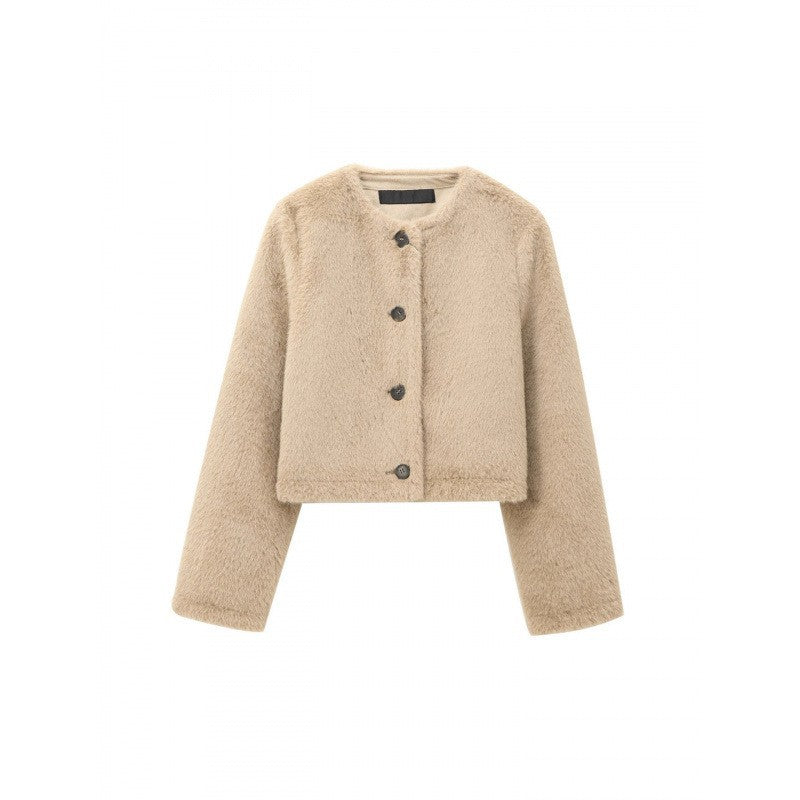 Women's Cropped Teddy Jacket with Straight Hem, Round Neck and Horn Button Closure Fashion Glam