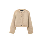 Women's Cropped Teddy Jacket with Straight Hem, Round Neck and Horn Button Closure Fashion Glam